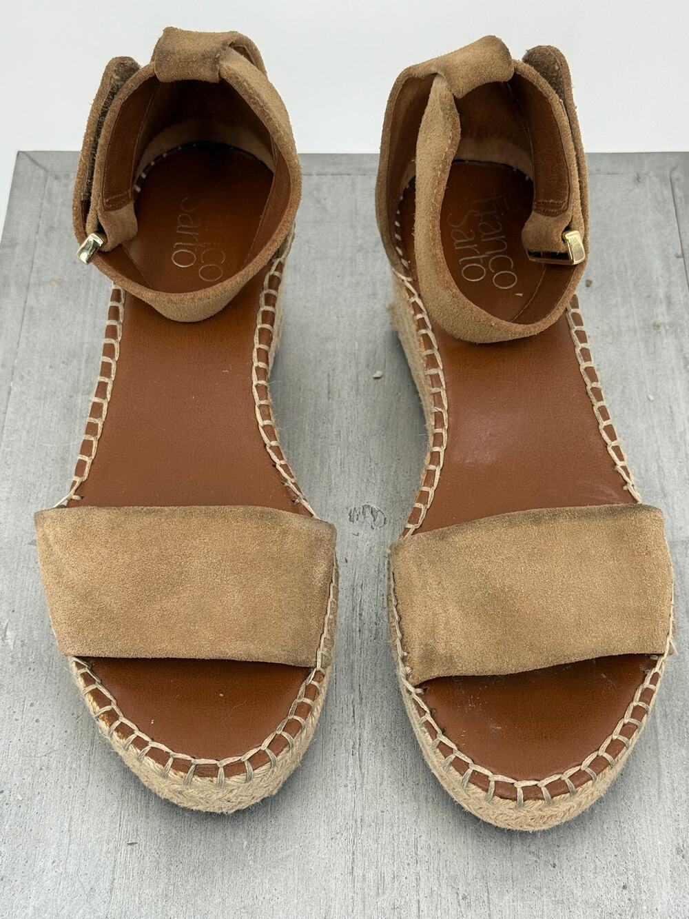 Franco Sarto Suede Espadrille Wedge Sandals Tan Ankle Strap Women's 6M